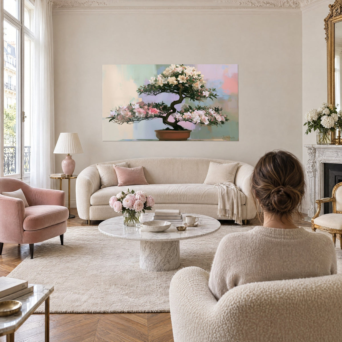 Tableau bonsaï fleuri aux azalées blanches et roses, pot terracotta, fond pastel, au-dessus d'un canapé dans un salon lumineux