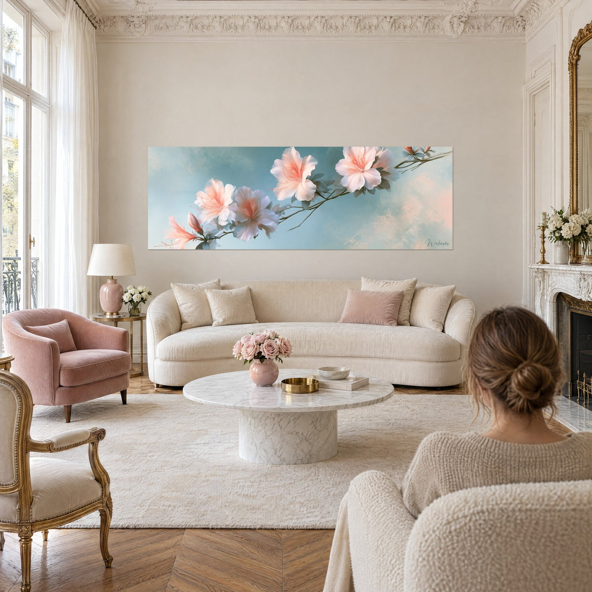 Tableau azalées blanches et pêche sur ciel bleu, branche étirée, au-dessus d'un canapé dans un salon lumineux