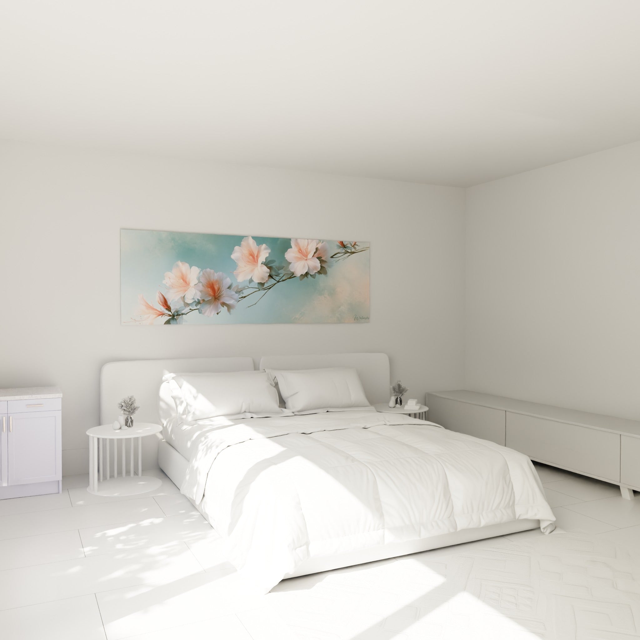 Fleurs d'azalée roses et bleu ciel accrochées au-dessus d'un lit dans une chambre claire