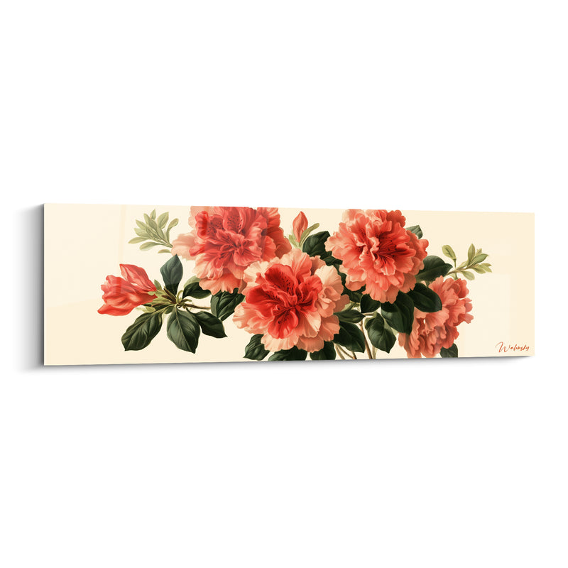 Tableau Fleurs rouges et pêche aux pétales froissés - Feuillage vert sombre dense - Edition Azalée