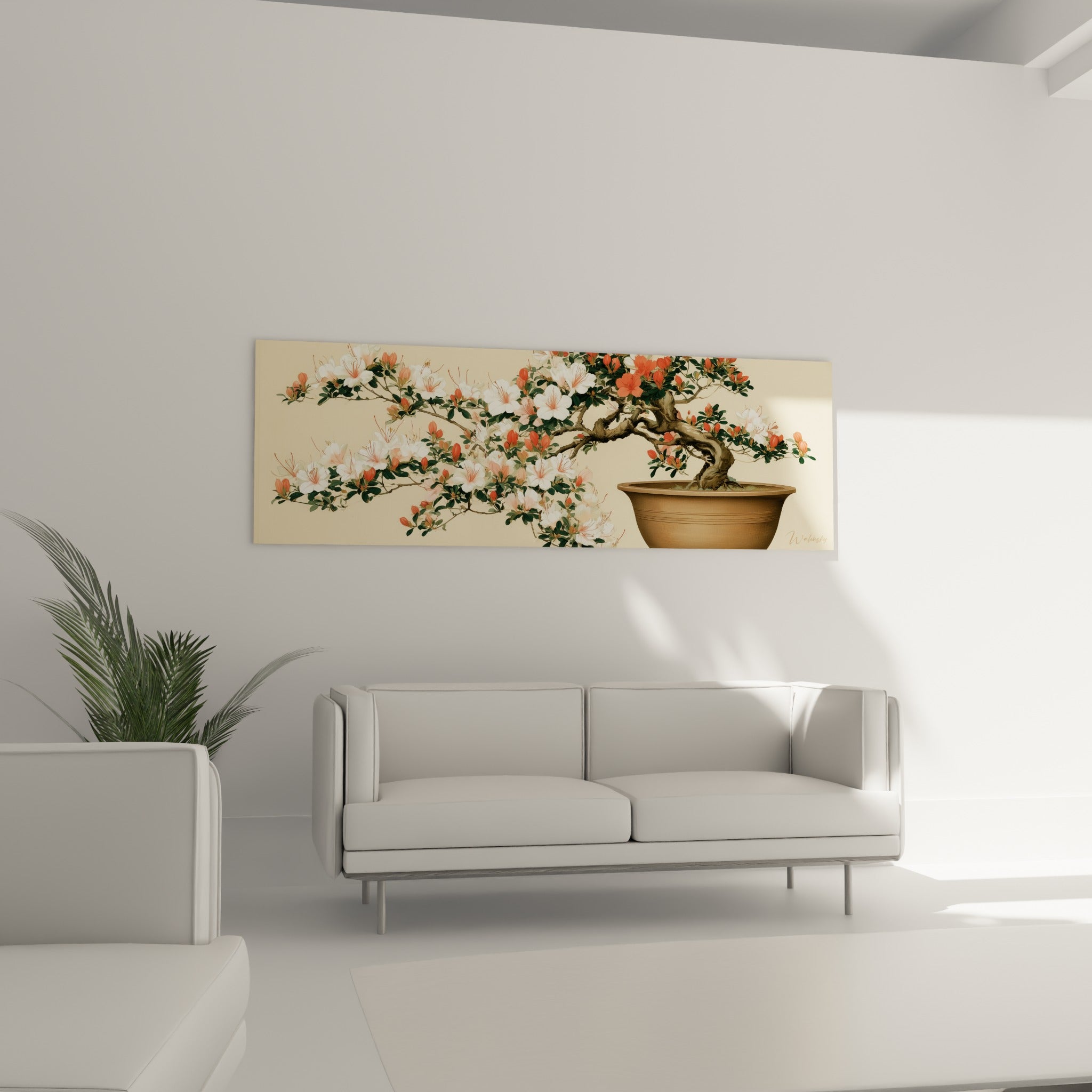 Branche d'Azalée fleurie blanche et corail au-dessus d'un canapé dans un salon lumineux
