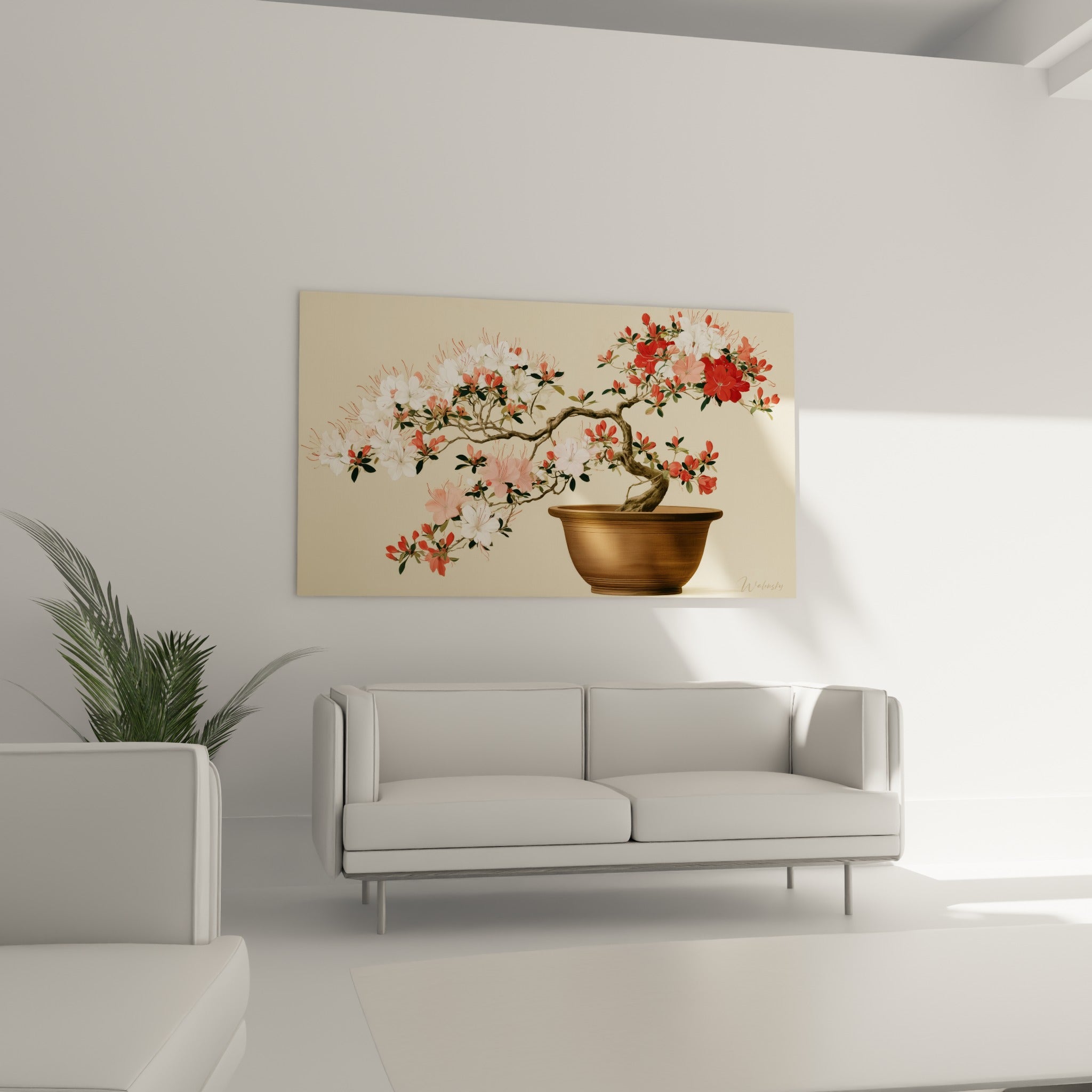 Bonsaï azalée aux teintes rouge et corail au-dessus d'un canapé dans un salon lumineux