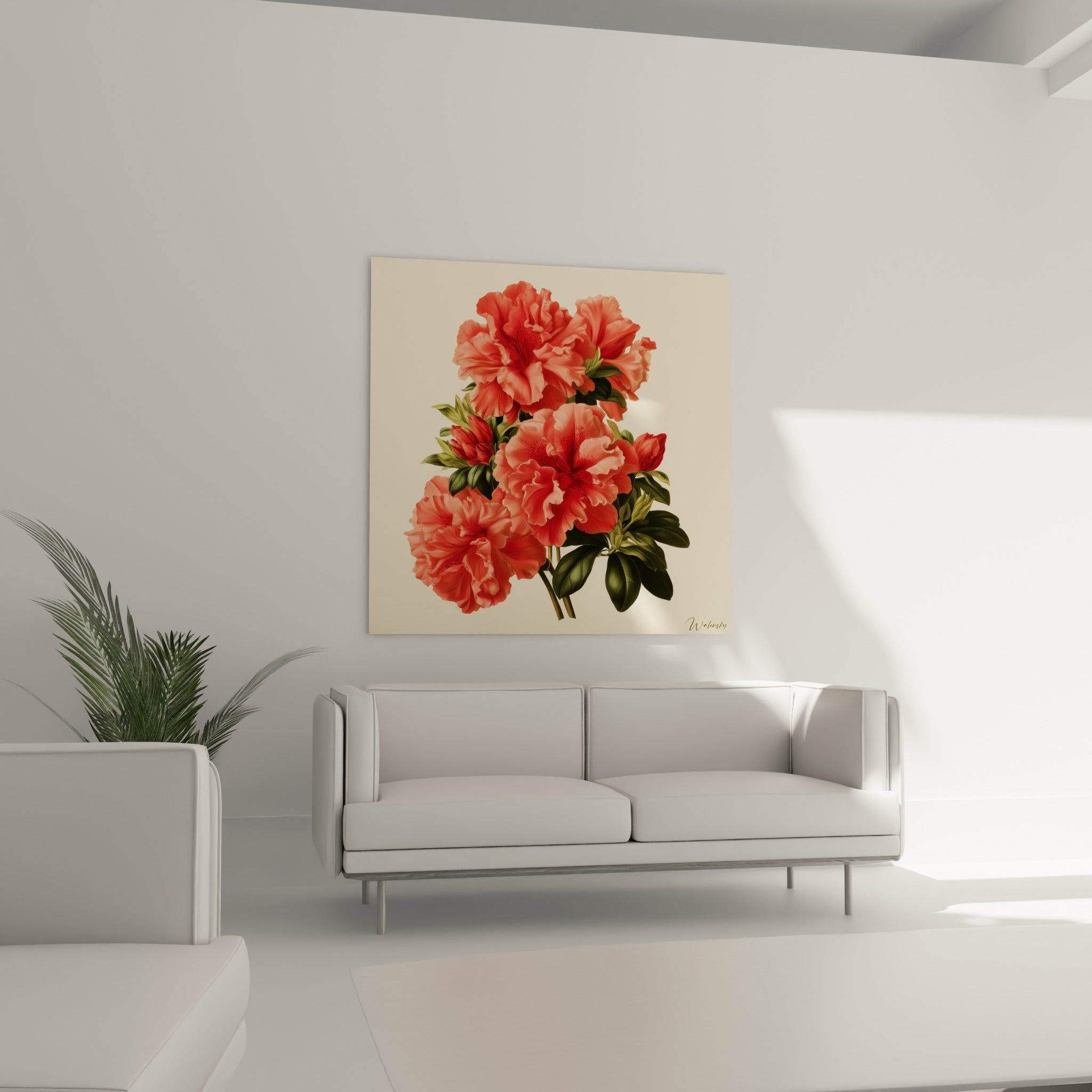 Fleurs d'azalée corail et vertes au-dessus d'un canapé dans un salon lumineux