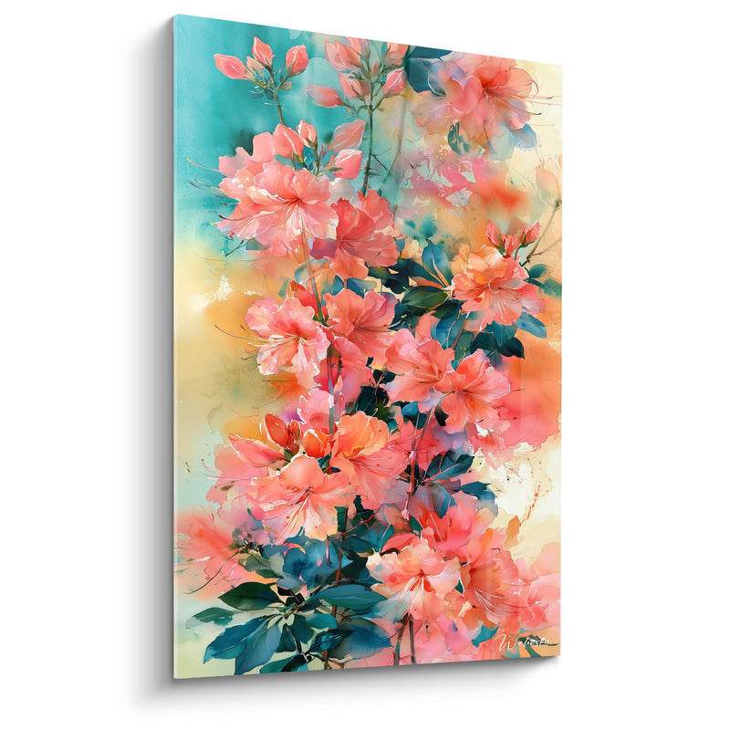 Tableau Fleurs corail et turquoise aux longues étamines fines - Feuillage vert sombre dense - Edition Azalée