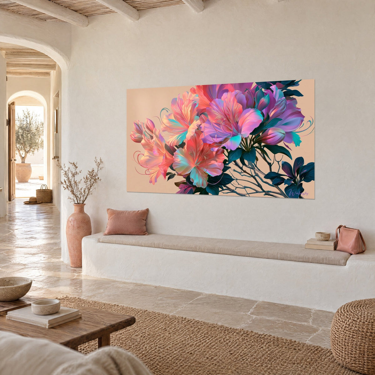 Quadro di fiori di azalea con petali rosa pesca e lavanda, fogliame blu notte, di fronte a una panca bianca in una casa luminosa