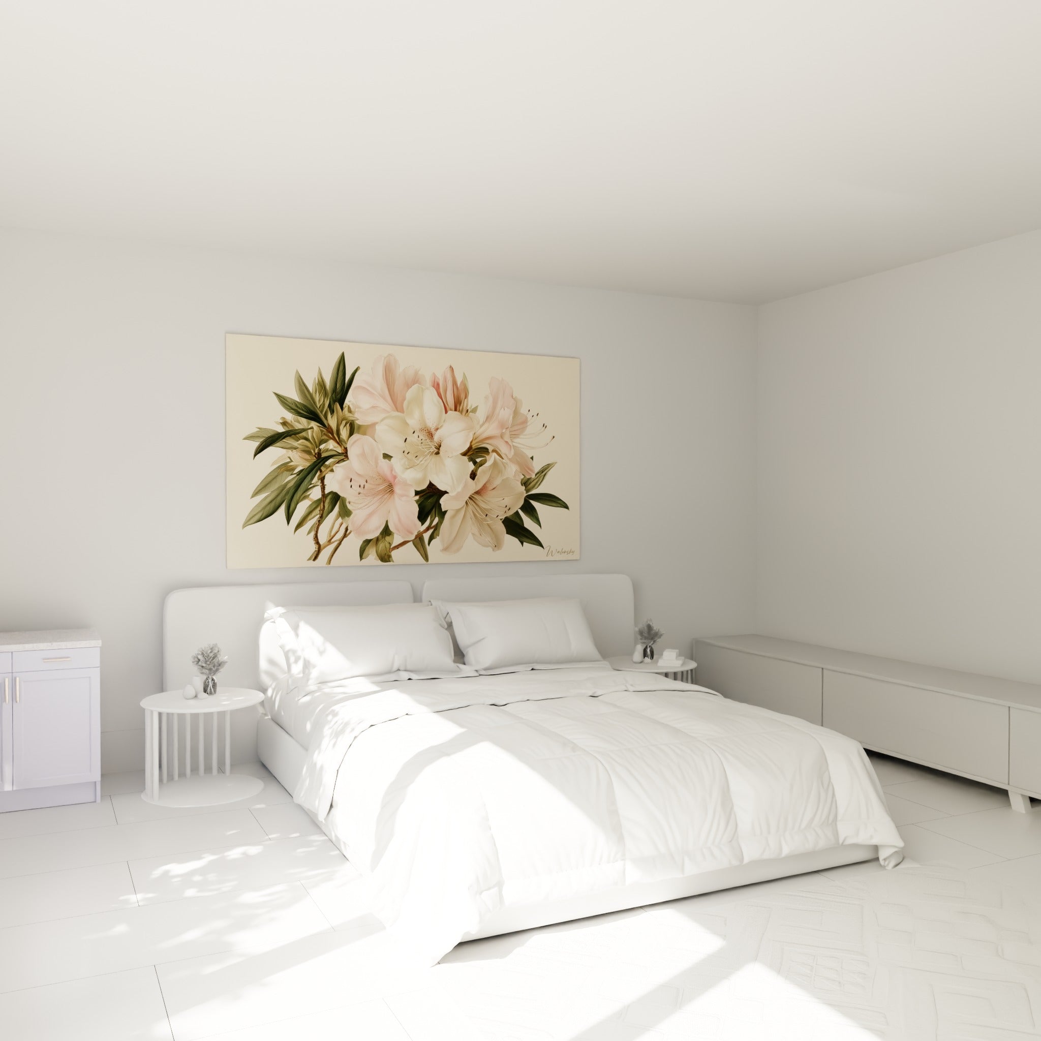 Fleurs d'azalées roses et blanches accrochées au-dessus d'un lit dans une chambre claire.