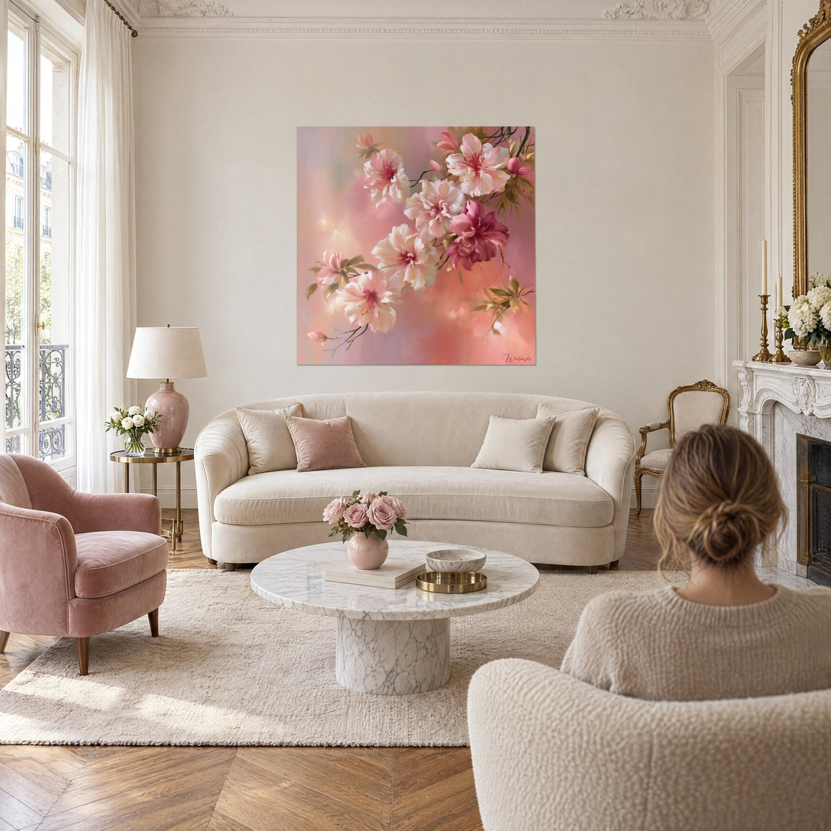 Tableau azalées blanches et fuchsia sur fond rose poudré, femme de dos, au-dessus d'un canapé dans un salon lumineux