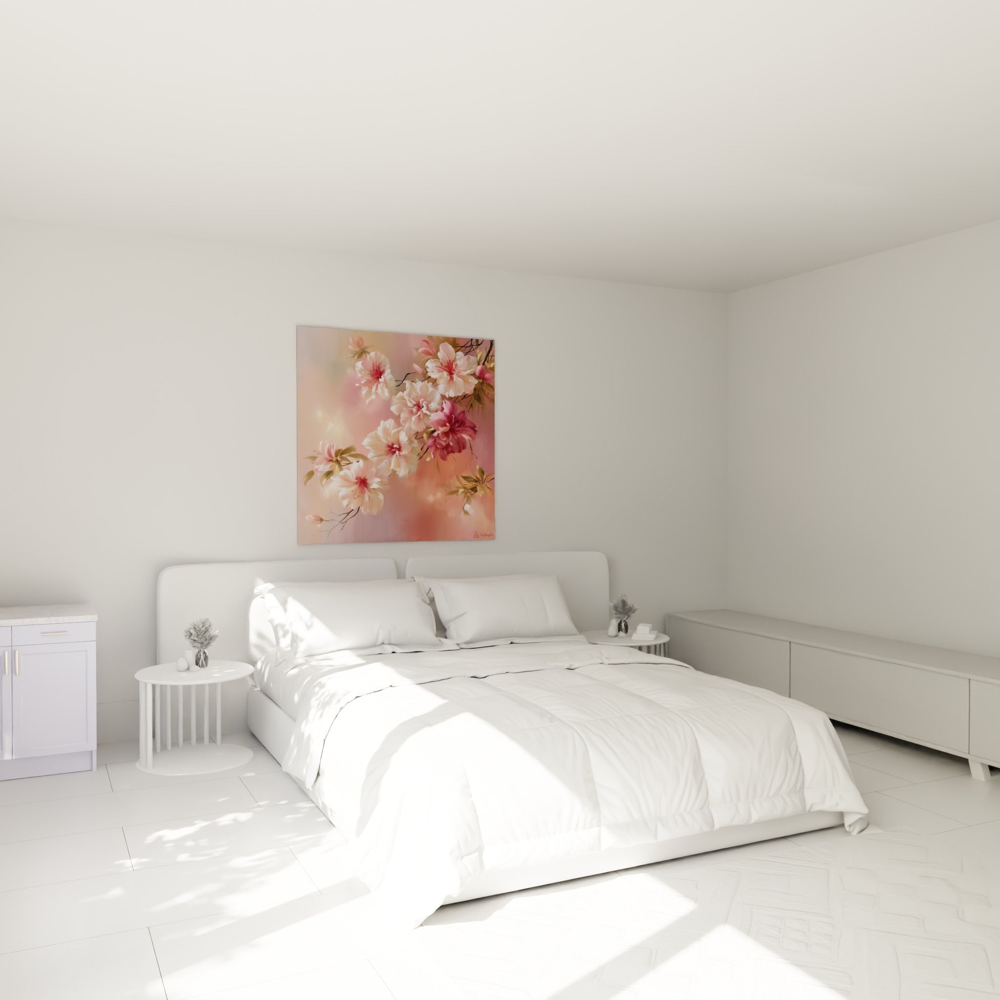 Azalées blanches et roses en pleine floraison, accrochées au-dessus d'un lit dans une chambre claire