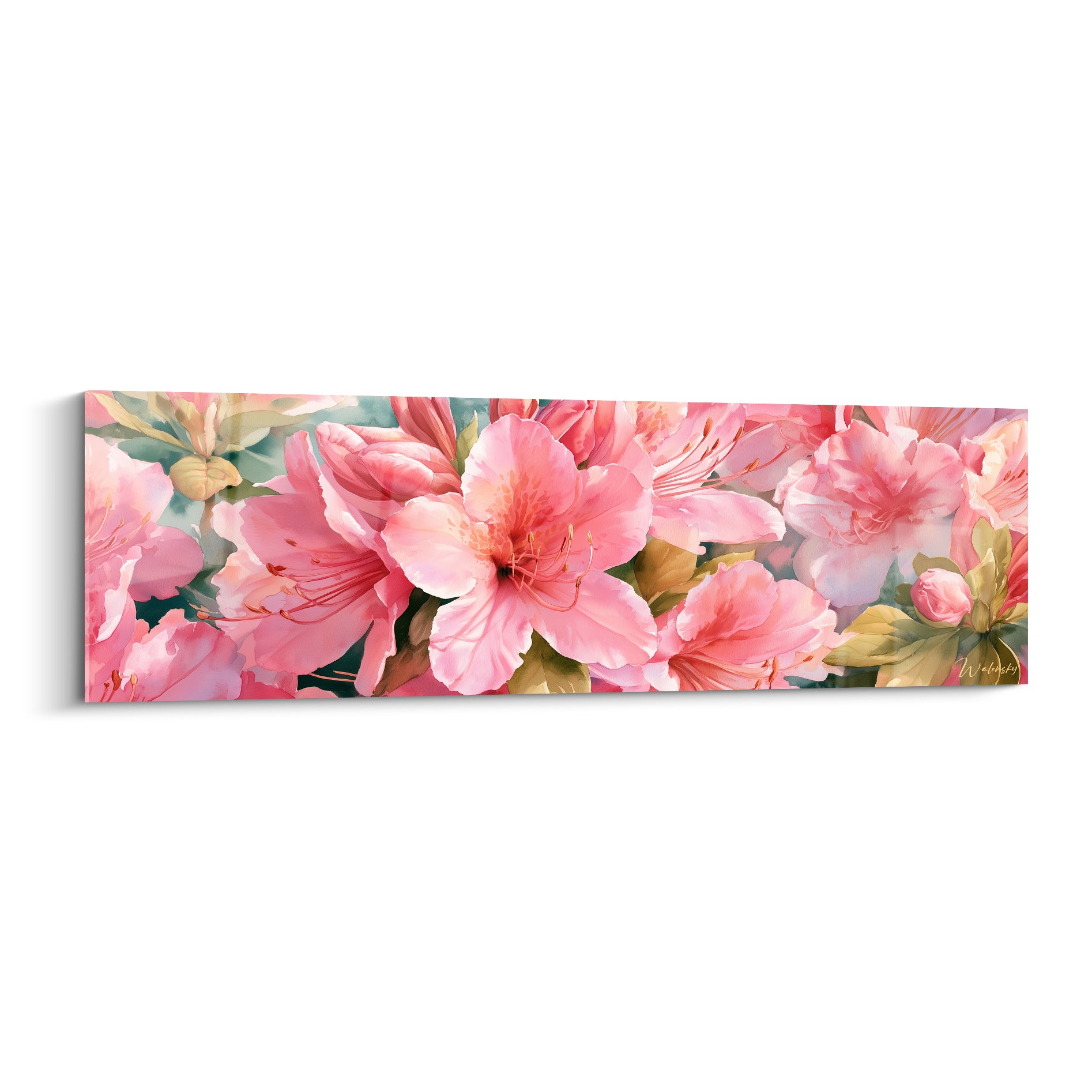 Azalée aux pétales rose corail et feuillage vert olive, composition florale peinte à l'aquarelle