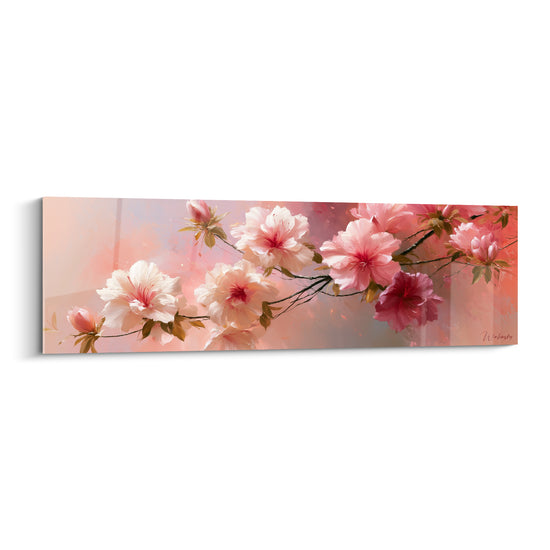 Branche d'azalées roses et blanches peinte sur fond corail vaporeux, fleurs aux cœurs rouges