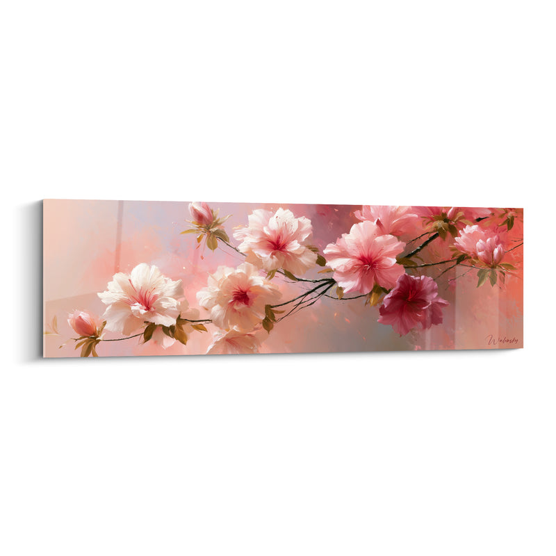 Tableau Fleurs blanches et roses sur branche fine étirée - Panoramique en enfilade - Edition Azalée