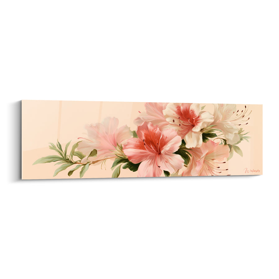 Tableau Fleurs rose et blanc aux étamines fines allongées - Branche fleurie panoramique - Edition Azalée