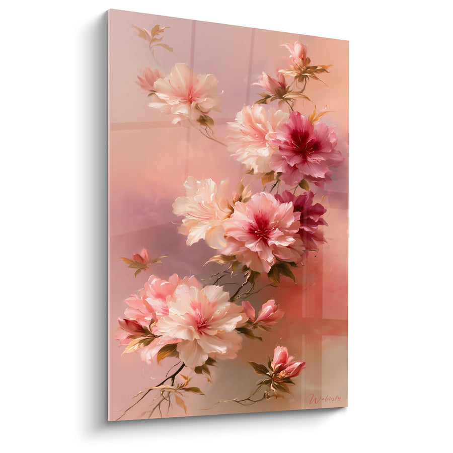 Tableau Fleurs blanches et bordeaux sur fond pêche - Vitrage quadrillé estompé - Edition Azalée