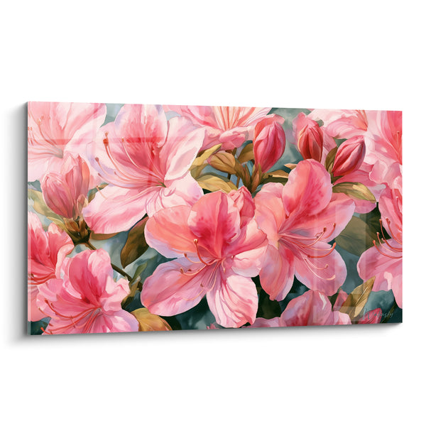 Cuadro Flores rosa y coral con botones apretados - Hojas verde oliva - Edición Azalea