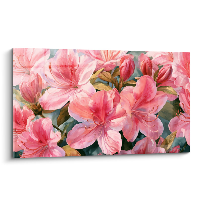 Tableau Fleurs rose et corail aux boutons serrés - Feuillage vert olive - Edition Azalée