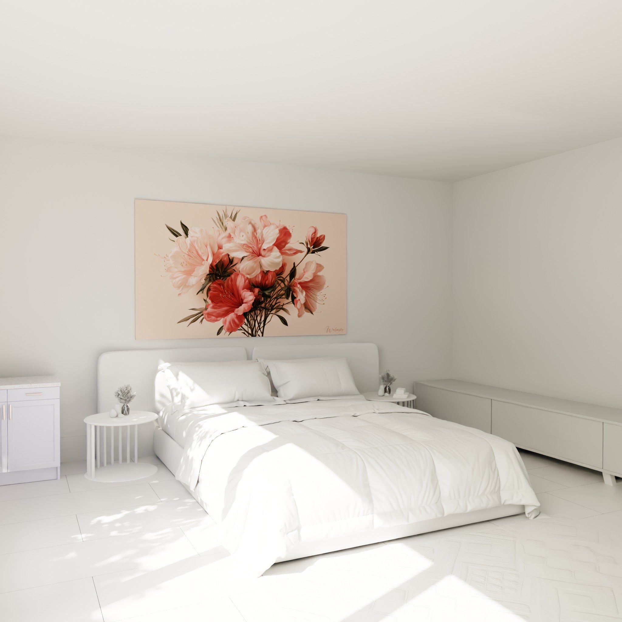 Bouquet d'azalées roses et corail peint avec réalisme, au-dessus d'un lit dans une chambre claire