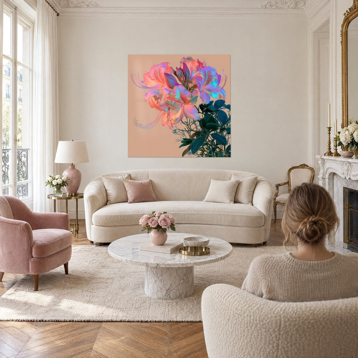 Tableau azalées corail et bleu irisé aux longues étamines, fond beige rosé, au-dessus d'un canapé dans un salon lumineux
