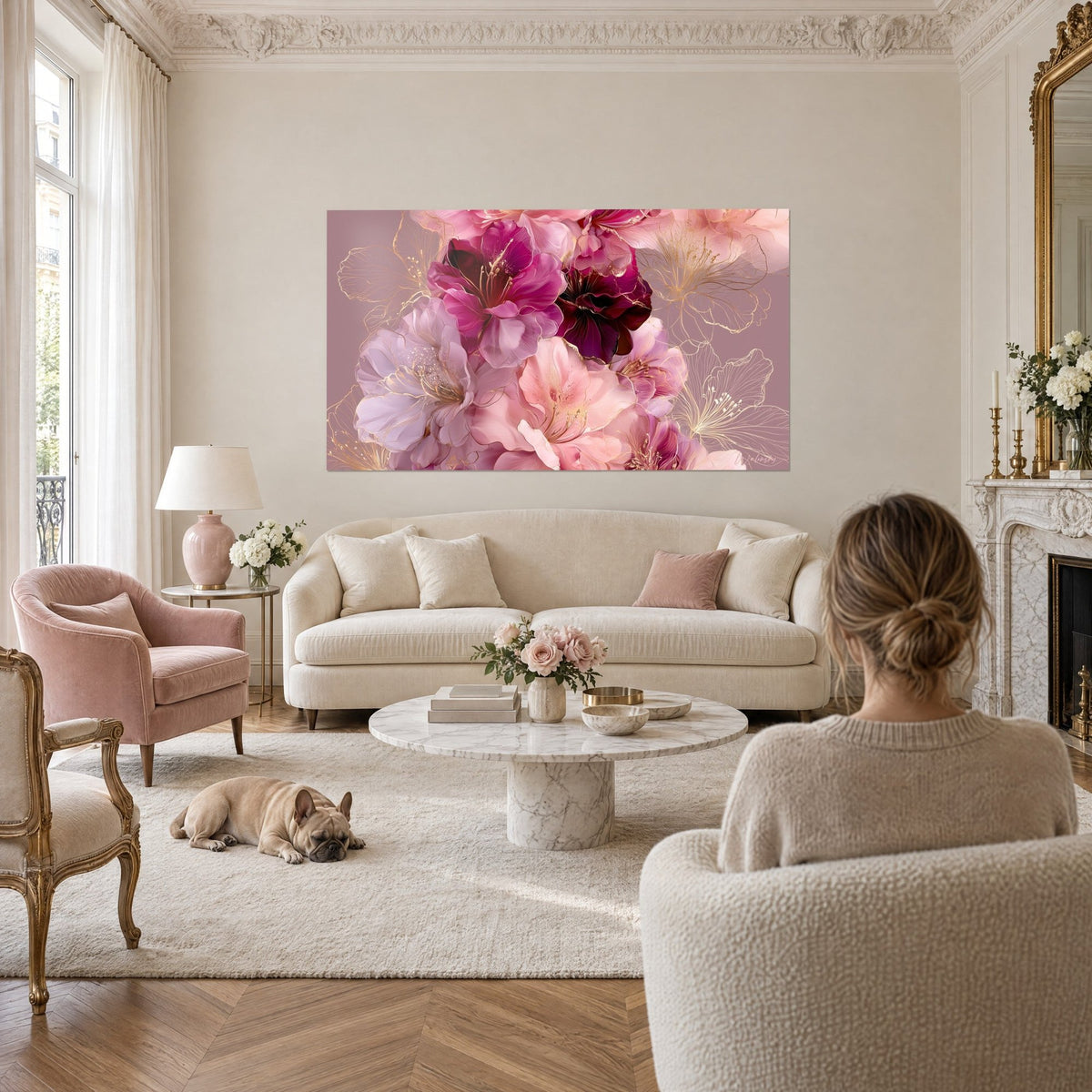 Tableau bouquet d'azalées magenta et bordeaux cerné de filets dorés, femme de dos et bulldog, au-dessus d'un canapé dans un salon lumineux