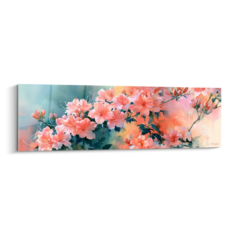 Tableau Fleurs corail et bleu turquoise en aquarelle diffuse - Panorama floral horizontal - Edition Azalée