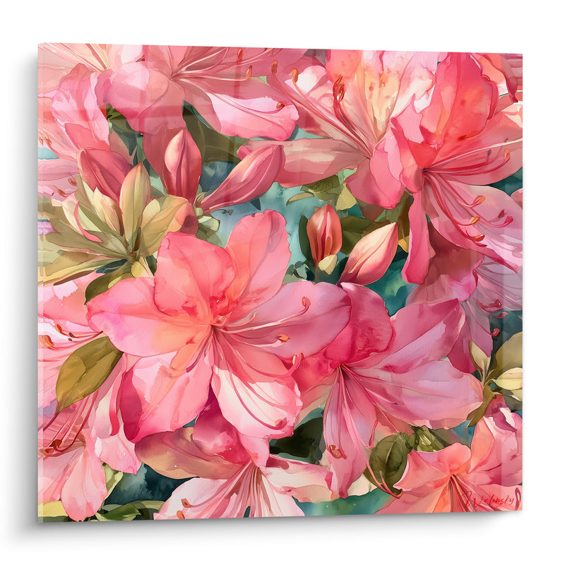 Tableau Fleurs roses et vertes aux boutons serrés - Grappe de bourgeons - Edition Azalée