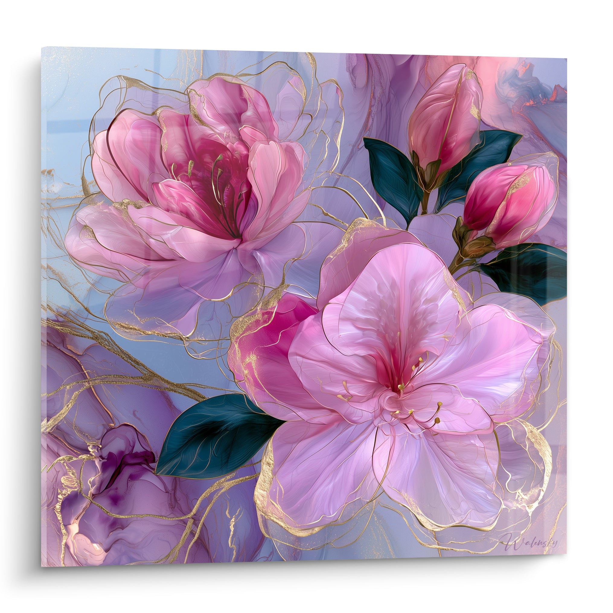 Azalées roses aux pétales translucides et filaments dorés sur fond marbré violet et bleu pastel