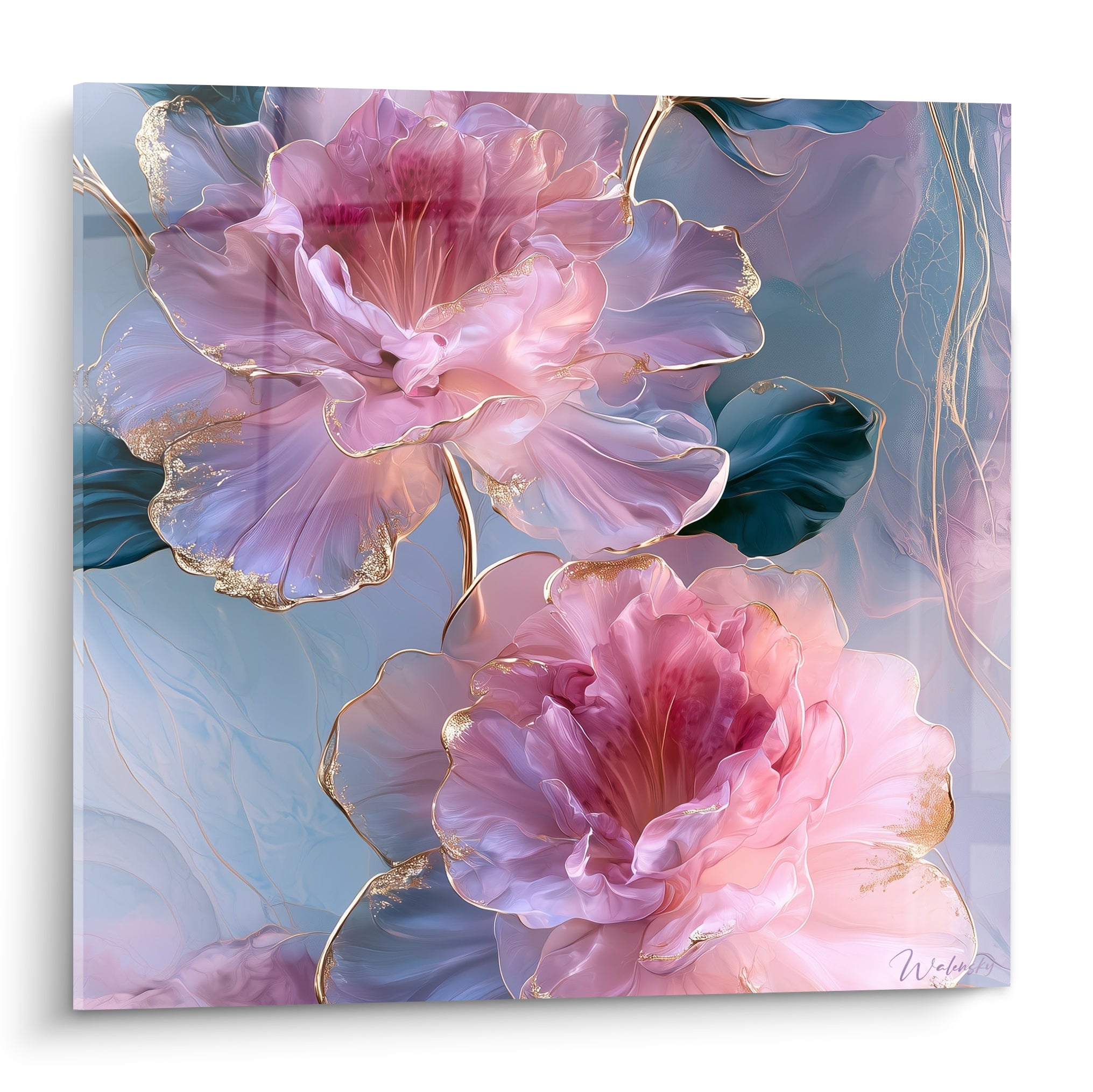 Azalée rose et dorée aux pétales nacrés se déployant sur fond bleu poudré et anthracite