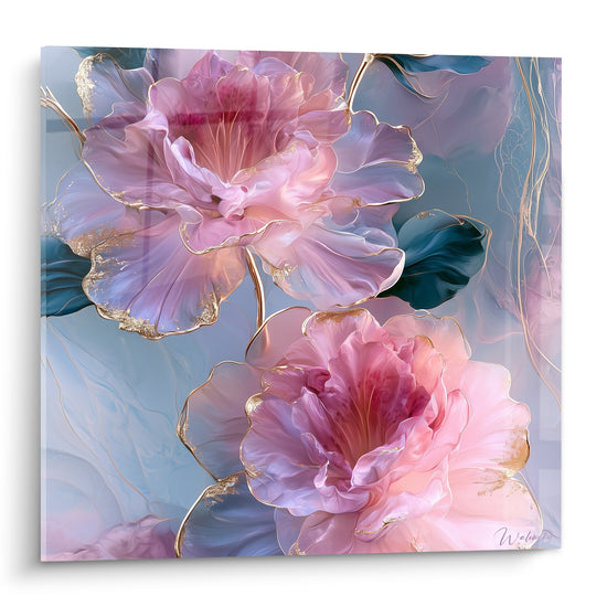 Azalée rose et dorée aux pétales nacrés se déployant sur fond bleu poudré et anthracite