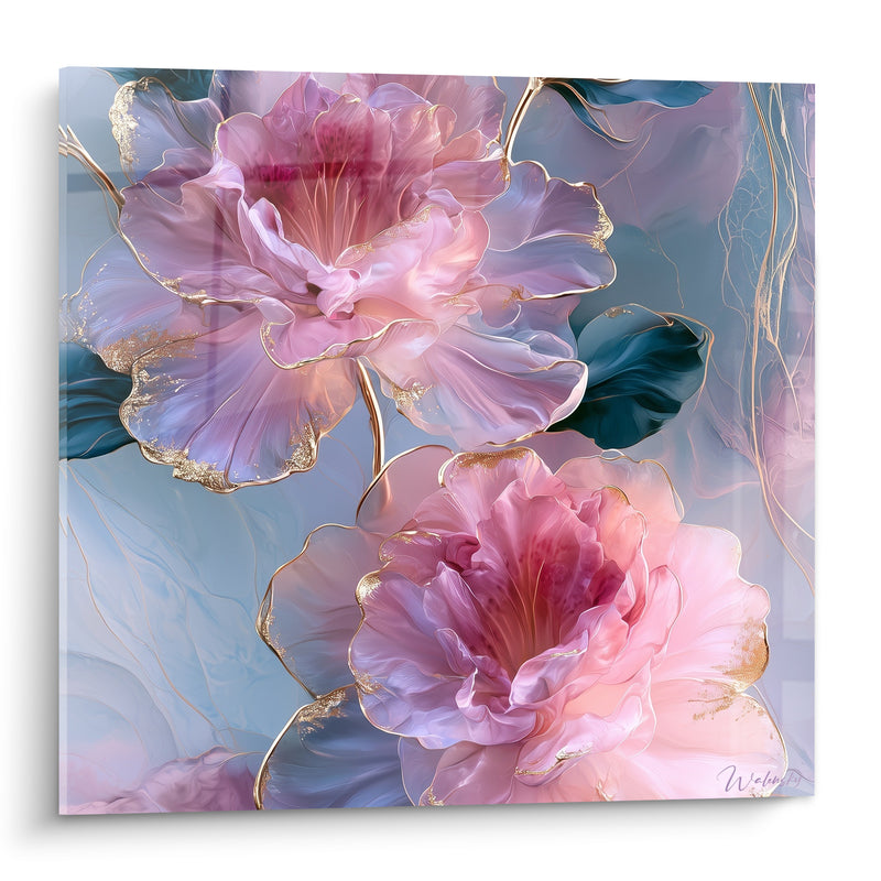 Tableau Fleurs roses et bleu poudré aux liserés dorés - Pétales marbrés satinés - Edition Azalée
