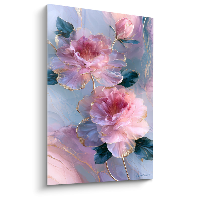 Tableau Fleurs rose et bleu poudré aux liserés dorés marbrés - Pétales veinés d'encre - Edition Azalée