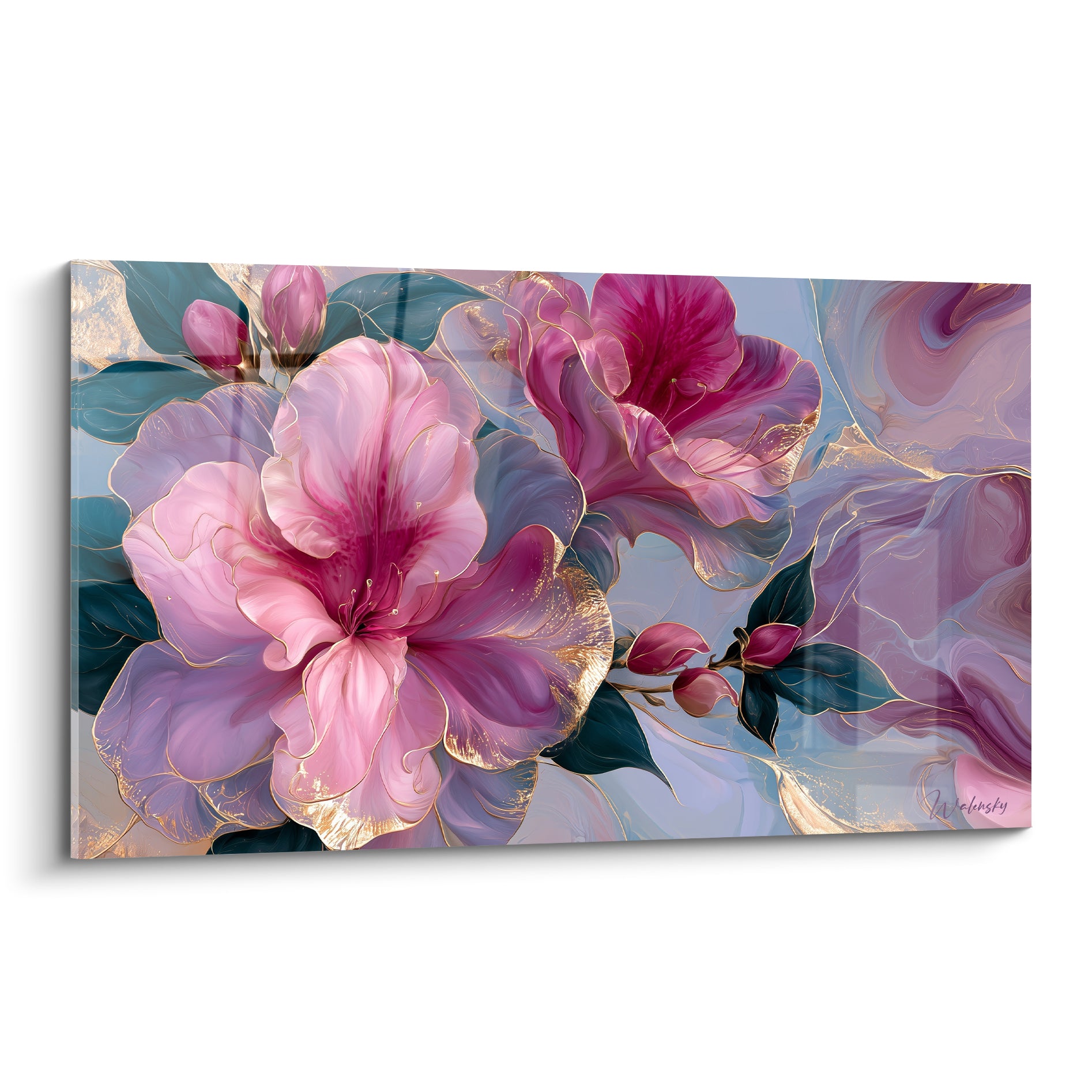 Azalée aux pétales roses et magenta, liserés dorés, feuillage bleu pétrole sur fond marbré