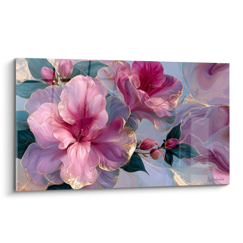 Tableau Fleurs rose et mauve aux contours dorés marbrés - Boutons en grappe serrée - Edition Azalée