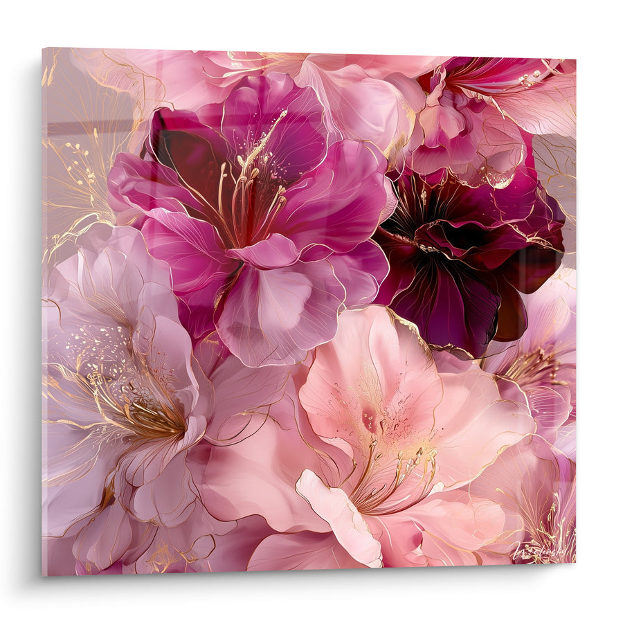 Tableau Azalées magenta et rose aux nervures dorées - Bouquet serré compact - Edition Azalée