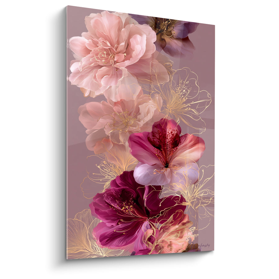 Tableau Fleurs rose pâle et bordeaux aux contours dorés - Silhouettes florales entrelacées - Edition Azalée