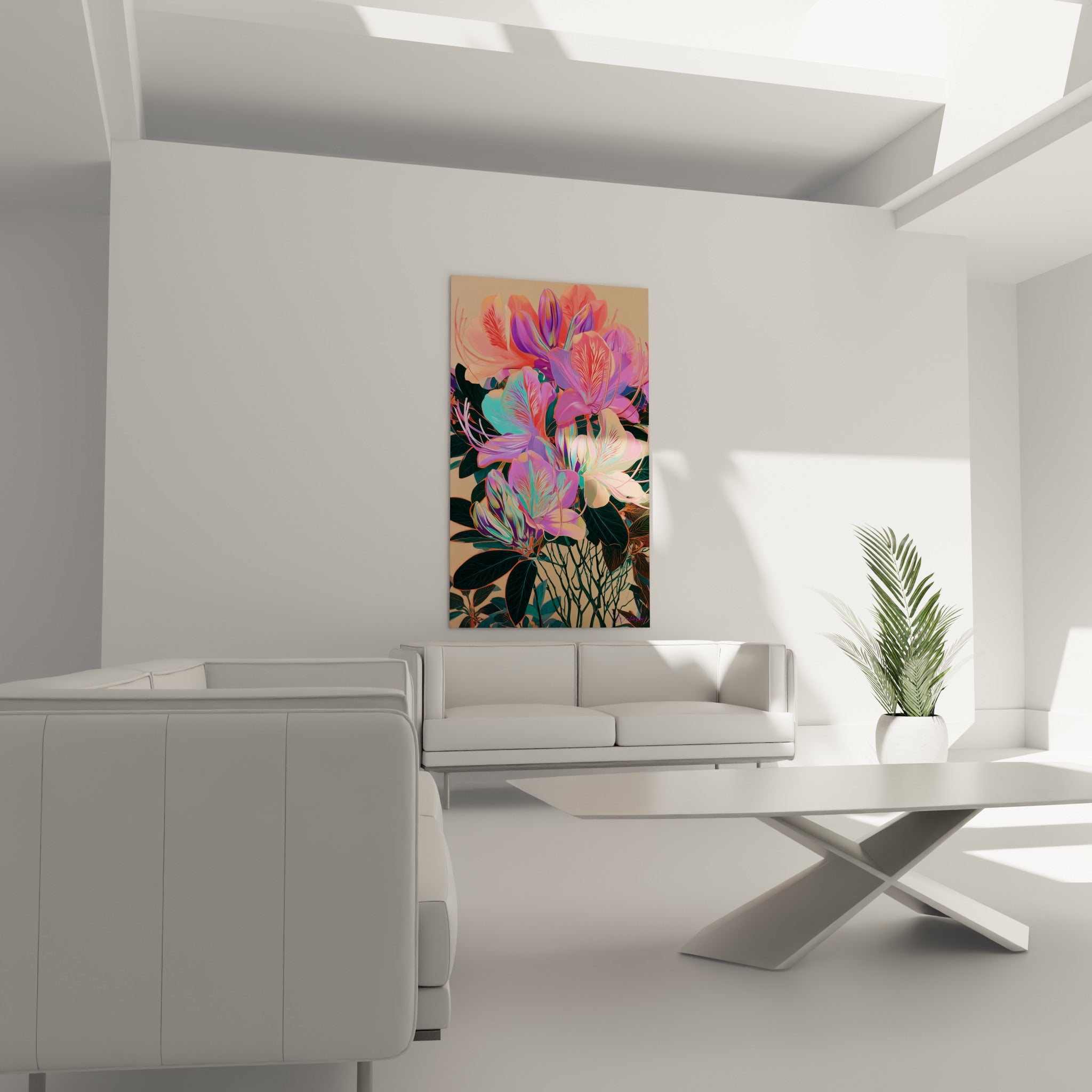 Fleurs d'azalée turquoise et rose au-dessus d'un canapé dans un salon lumineux, pétales veinés