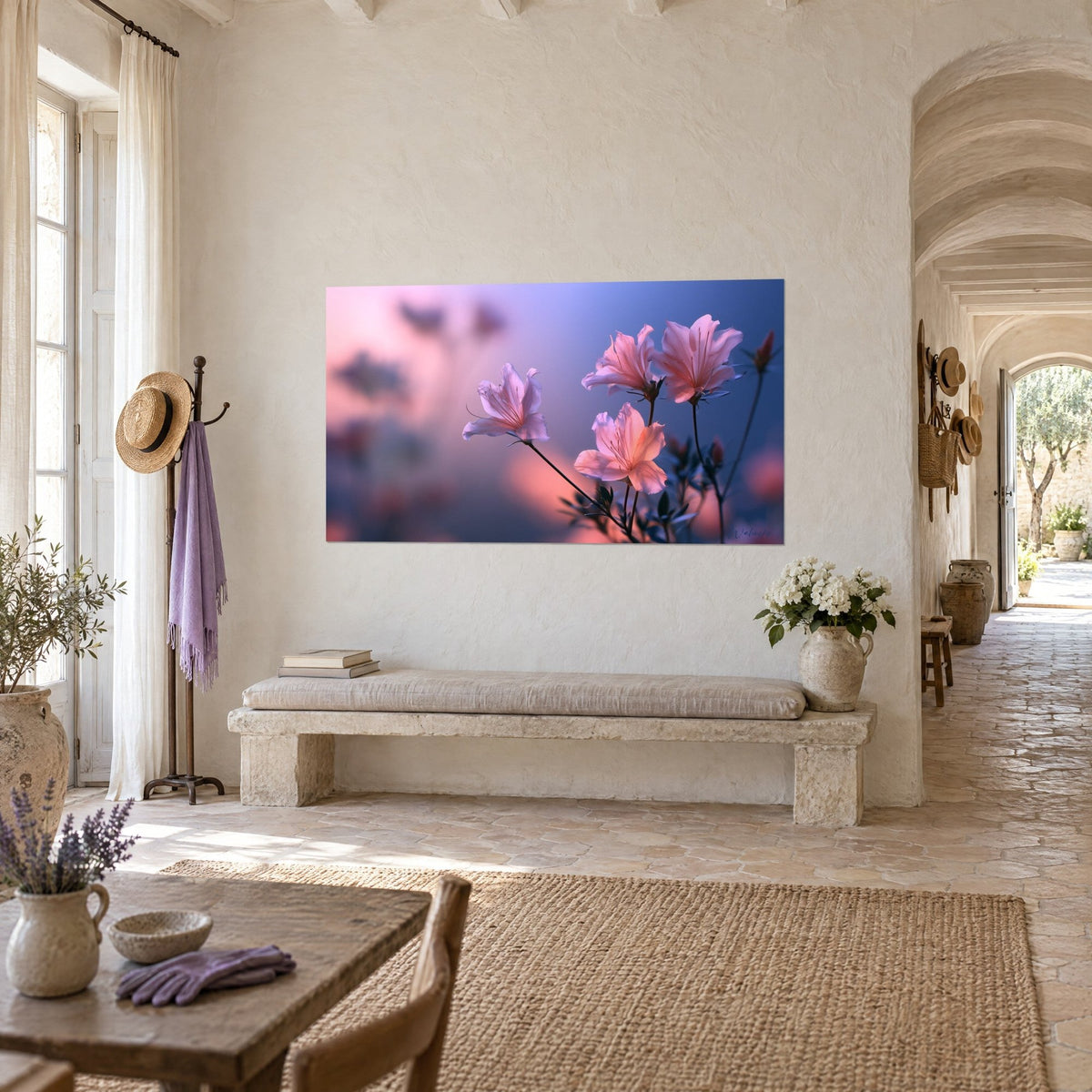Tableau corolles pêche aux étamines fines, tiges sombres dans un halo violet et rose, mur blanc d'un mas provençal