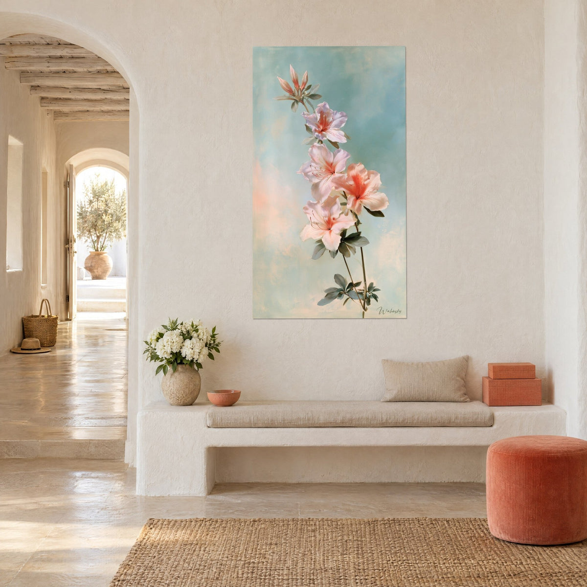 Tableau branche fleurie aux pétales blancs rosés et étamines corail, ciel bleu pastel, mur blanc crépi d'une maison méditerranéenne