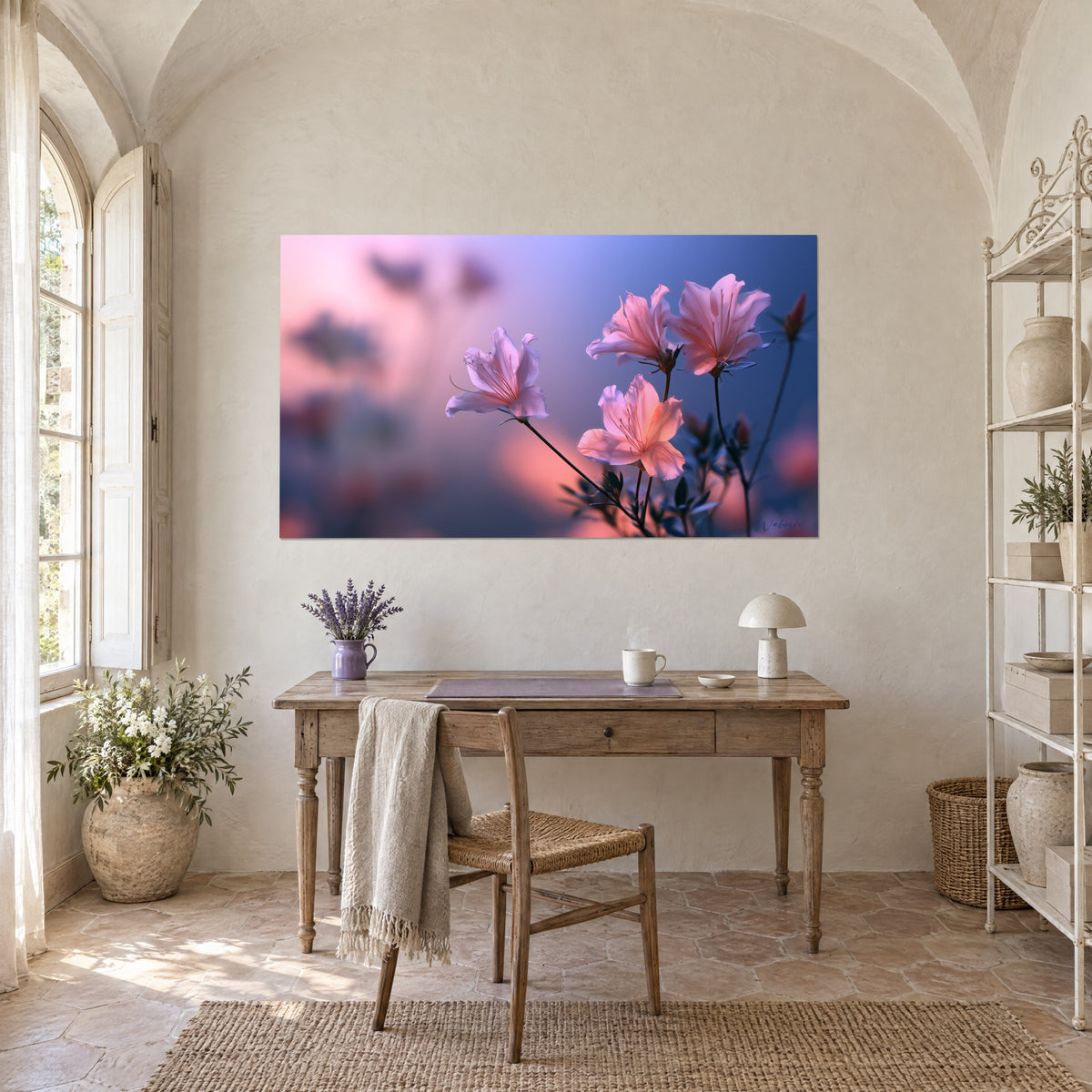 Quadro di un ramo di azalee in fiore, toni rosa e viola, sfondo bokeh azzurrato, muro intonacato di uno studio provenzale