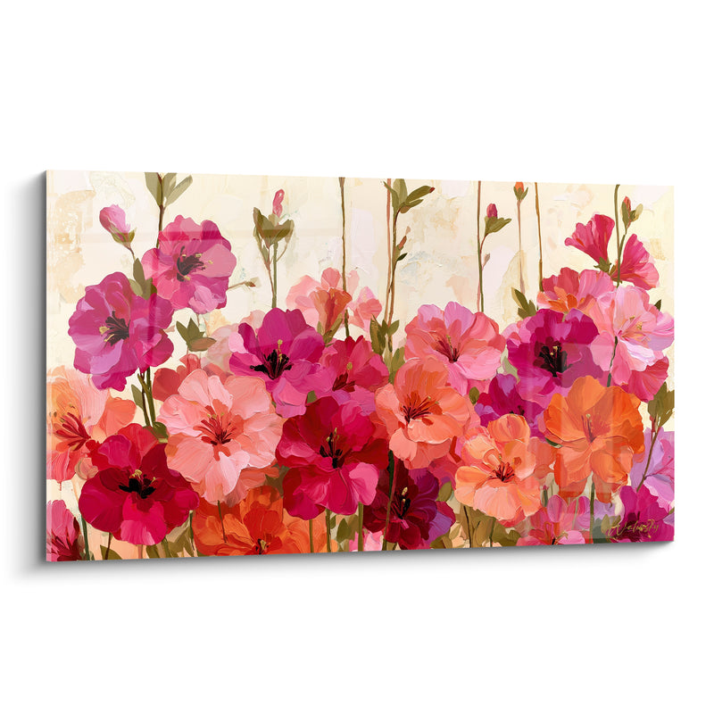 Tableau Fleurs magenta et corail aux étamines noires - Rangée de tiges fines - Edition Azalée
