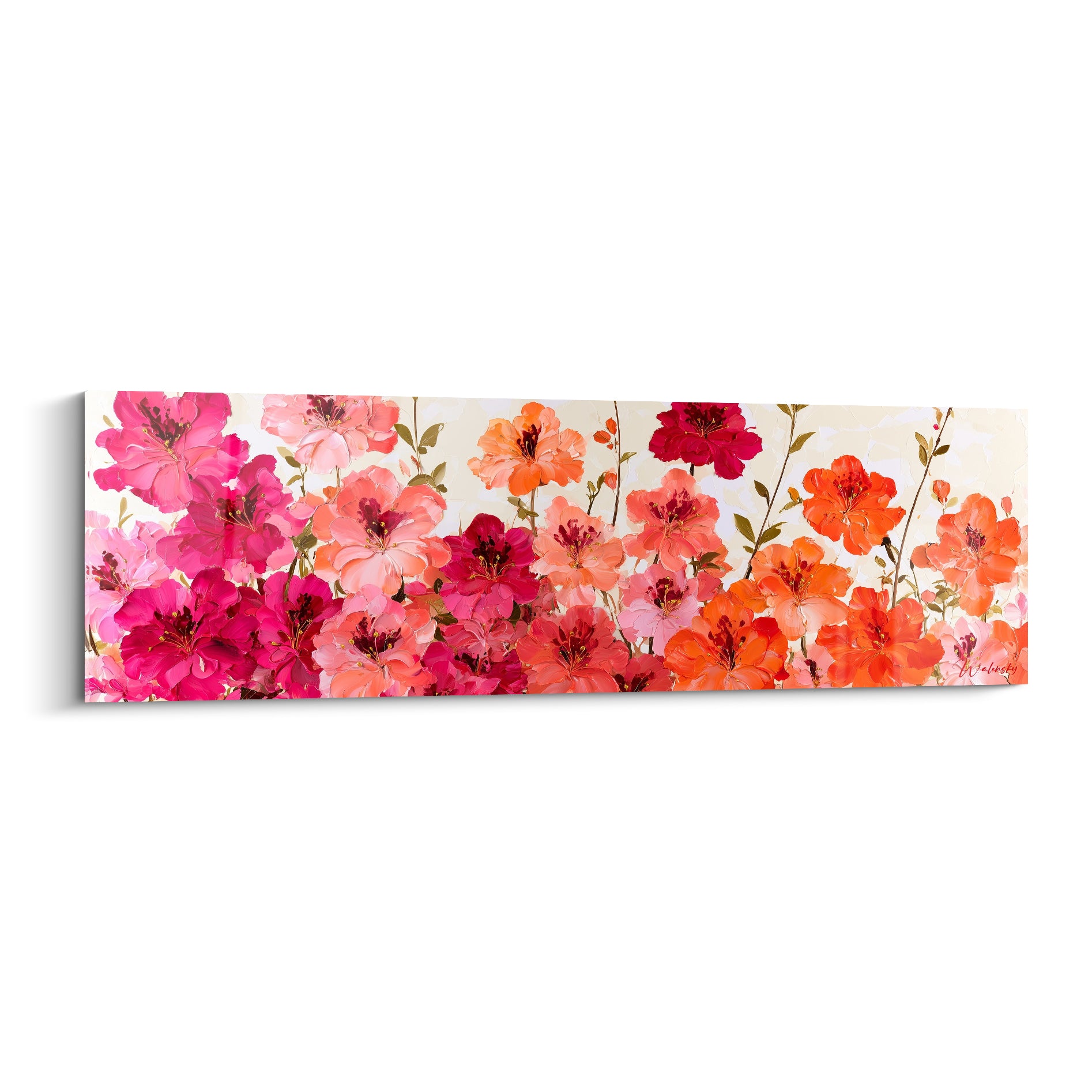 Azalées fuchsia et orange corail en pleine floraison sur fond ivoire, toile panoramique florale
