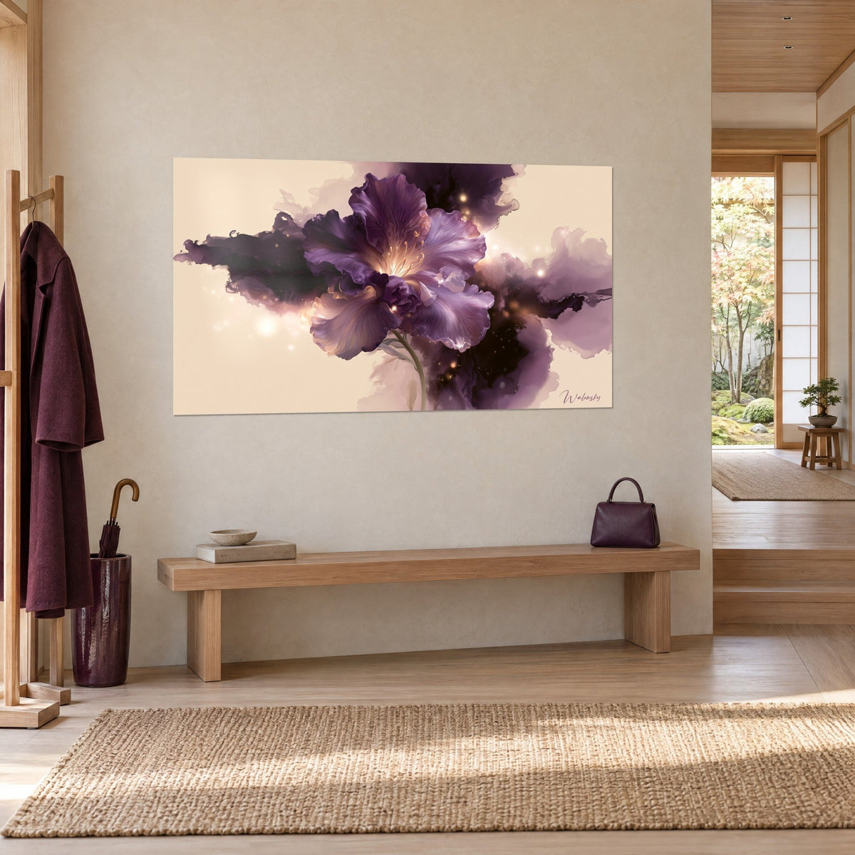 Cuadro flor malva de estambres dorados, nubes de tinta berenjena y brillo ámbar, vista de tres cuartos cerca de una entrada japandi