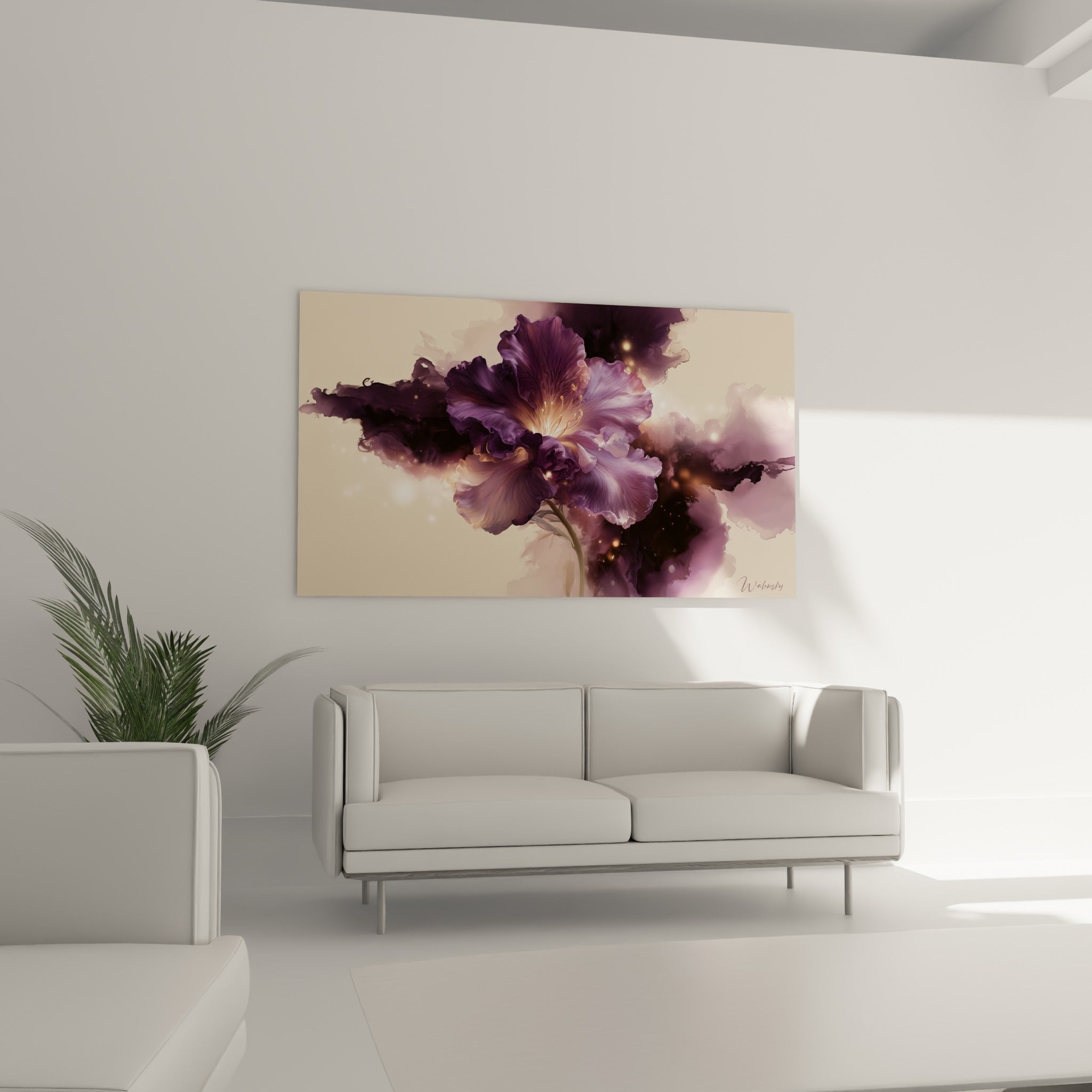 Fleur mauve et dorée d'Azalée entourée de fumée anthracite, au-dessus d'un canapé dans un salon lumineux