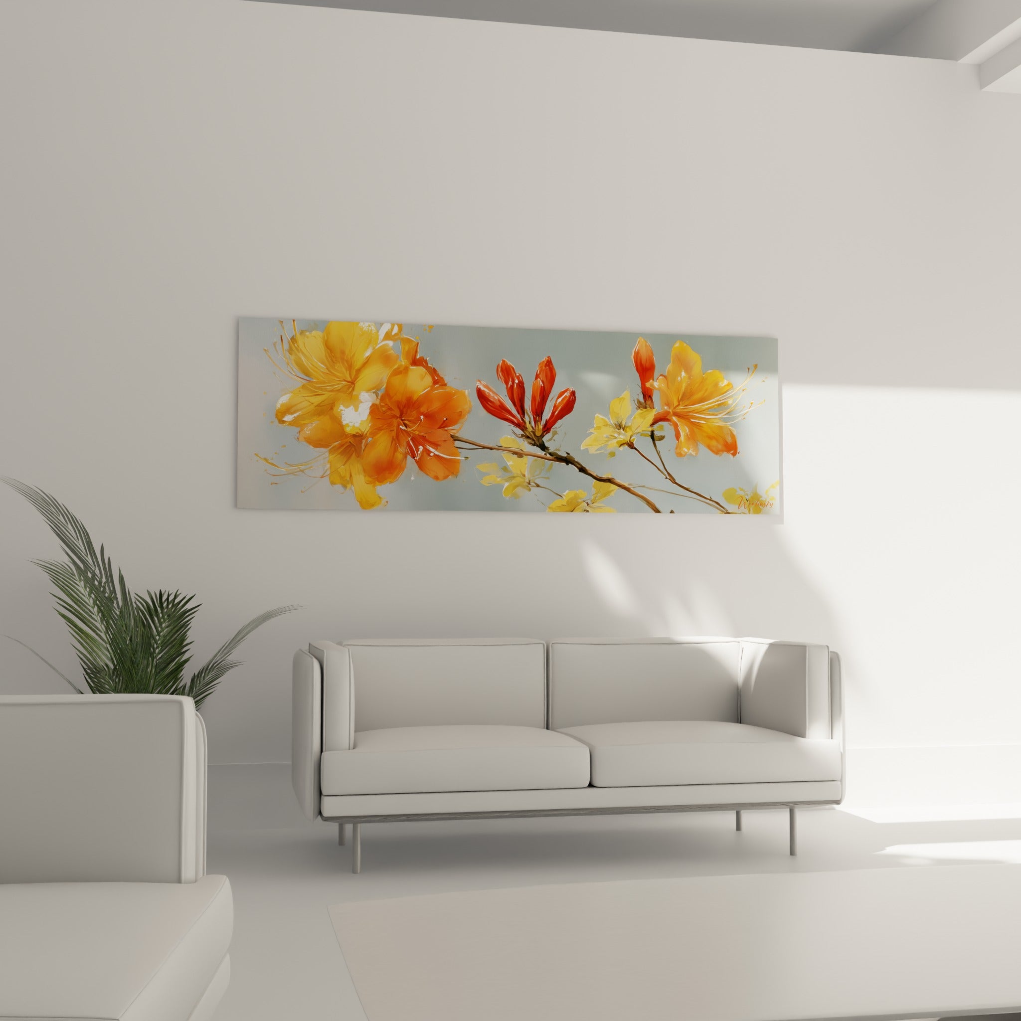 Fleurs d'azalée orange et jaune vif au-dessus d'un canapé dans un salon lumineux