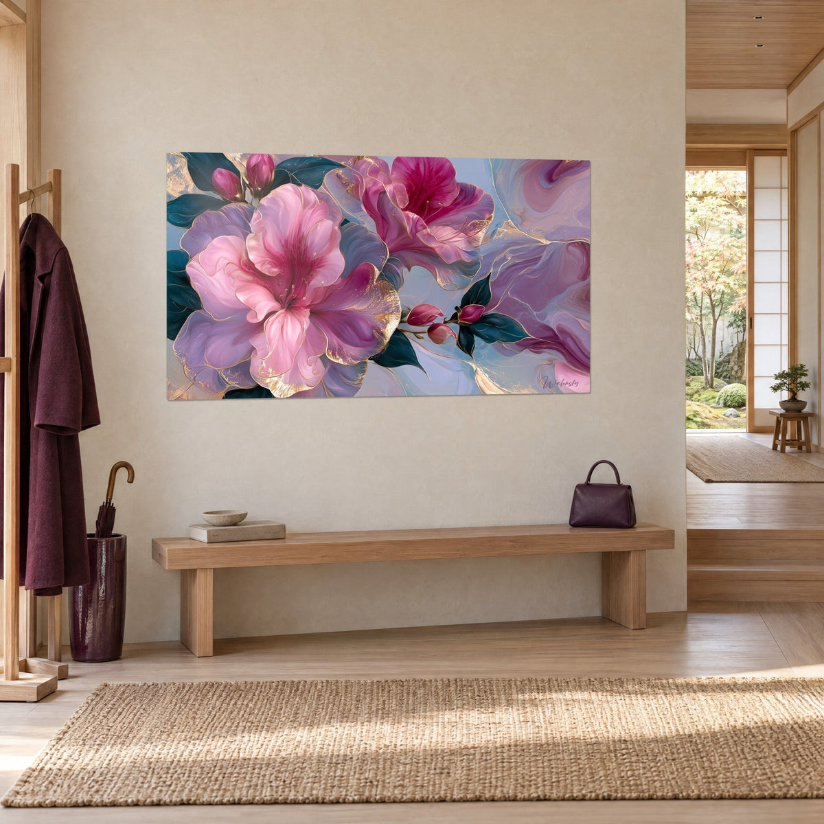 Wall art of large bubblegum pink and fuchsia blooms, dark green foliage, japandi entrance with a light wood bench