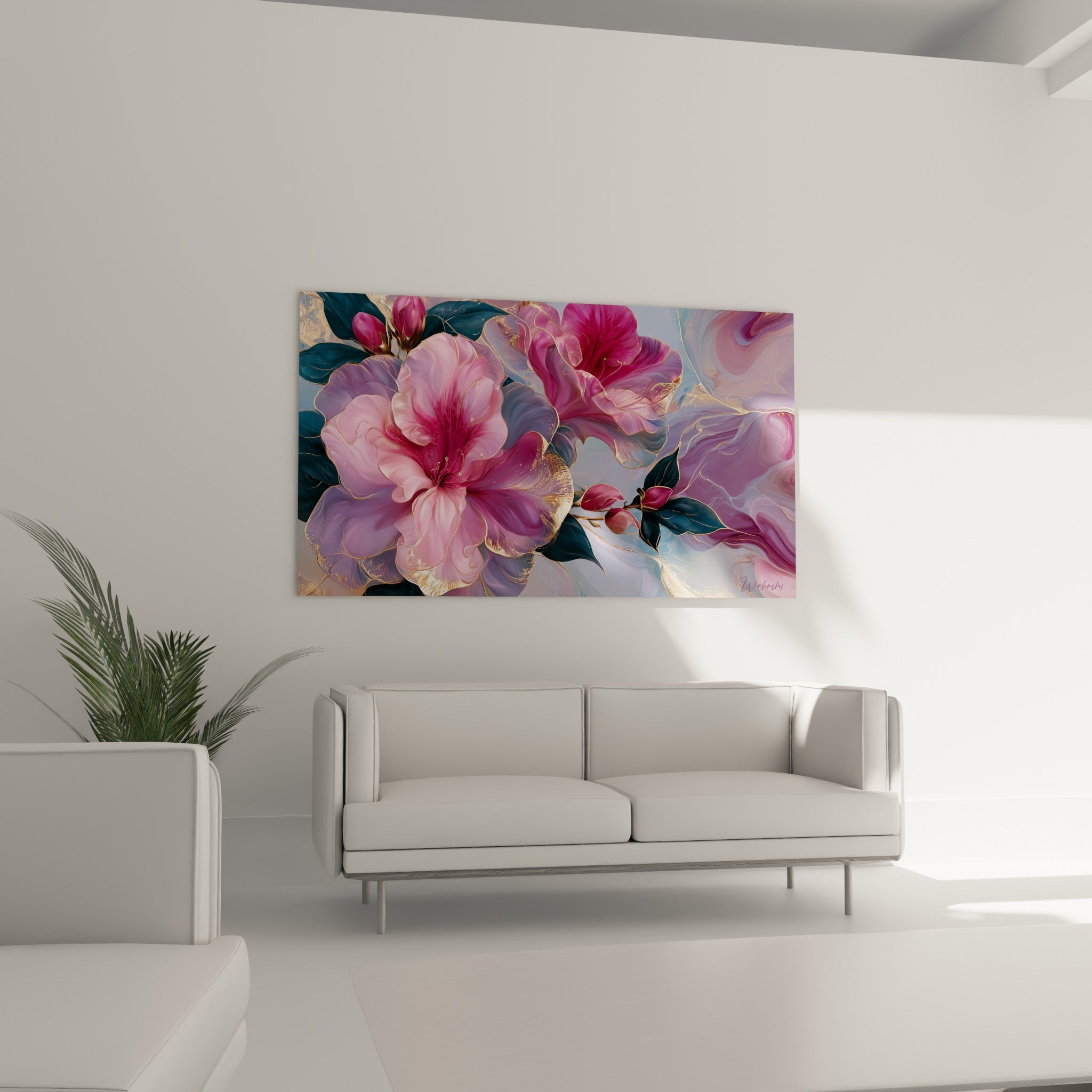 Pétales d'azalée rose pâle et magenta bordés d'or, suspendus au-dessus d'un canapé dans un salon lumineux