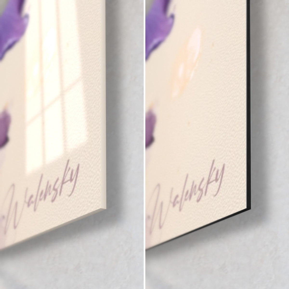 Tableau azalée violette, coin bas droit : verre acrylique brillant à gauche, Dibond mat à droite, signature Walensky mauve sur crème