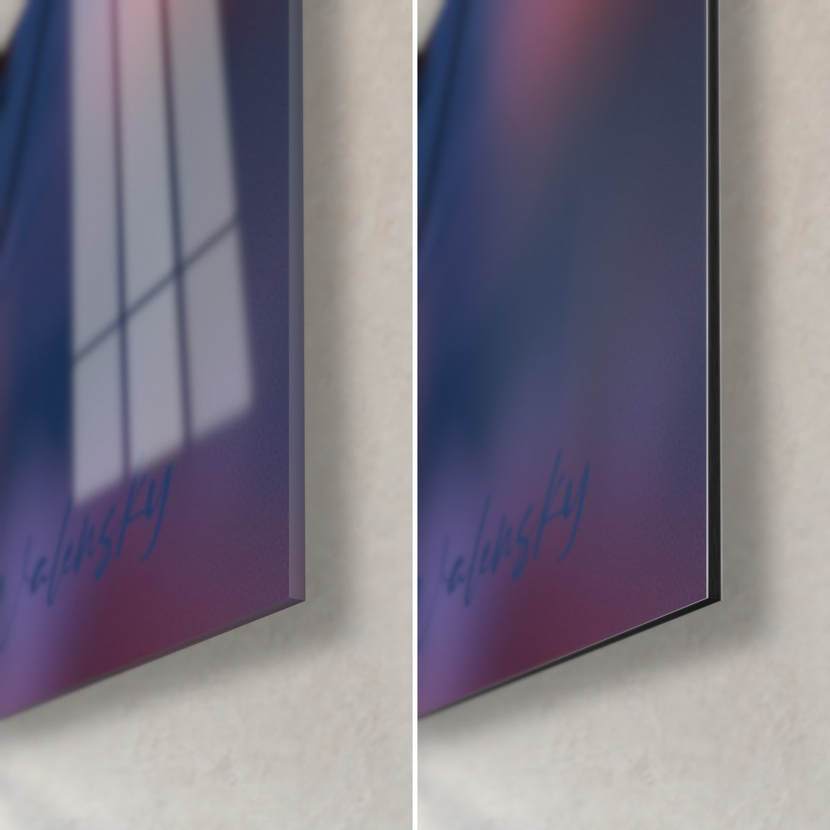 Quadro di fiori di azalea rosa e azzurro lavanda, angolo in basso a destra: vetro lucido a sinistra, Dibond opaco a destra, bordo da 3 mm