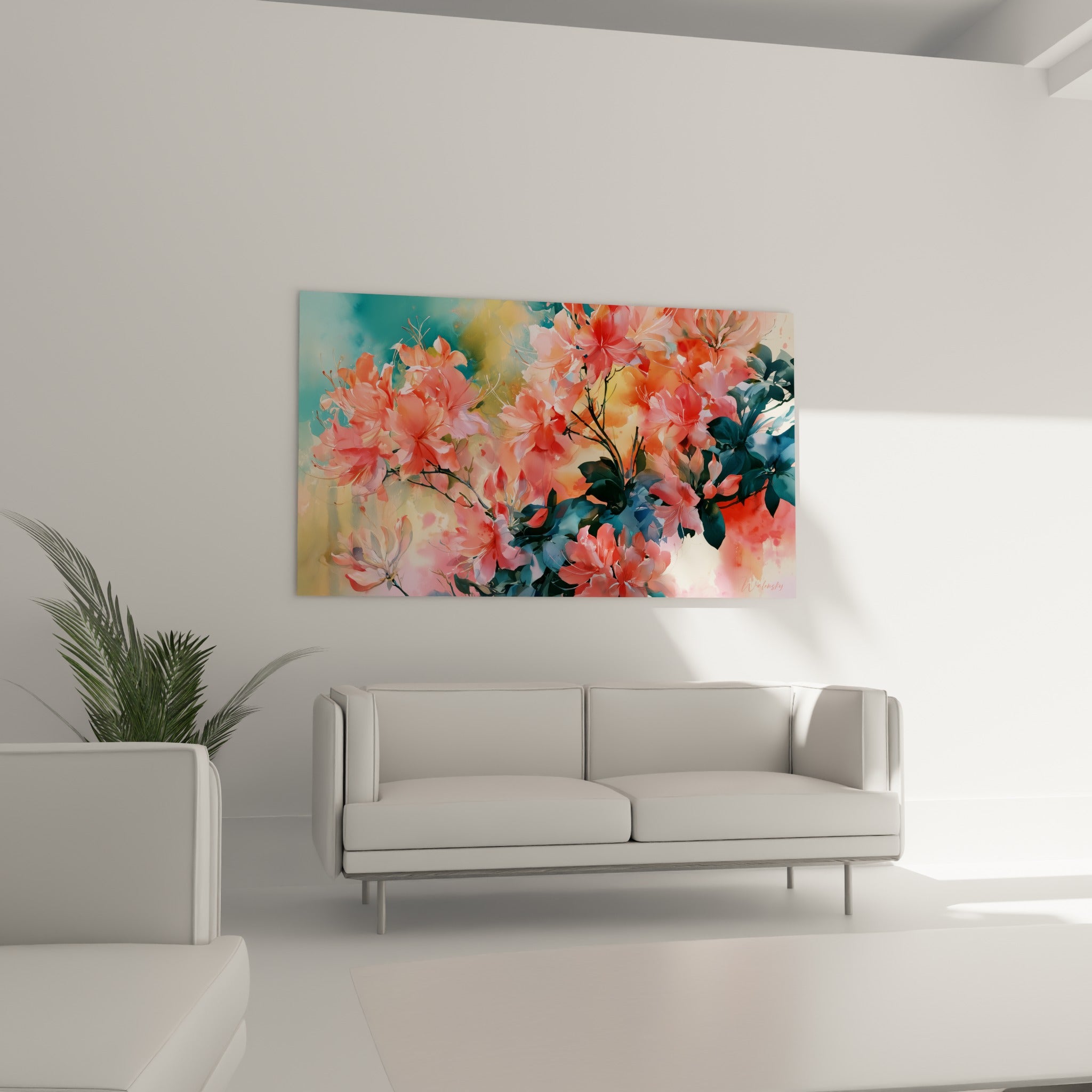 Bouquet d'azalées ocre et corail au-dessus d'un canapé dans un salon lumineux, feuillage bleu pétrole