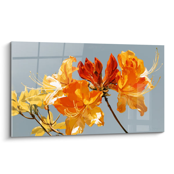 Cuadro Azaleas Naranja y Amarillo con Botones Rojos - Fondo de Vidrio Gris - Edición Azalea