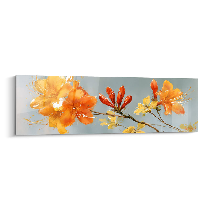 Tableau Fleurs orange et jaune aux boutons rouges effilés - Branche panoramique étirée - Edition Azalée