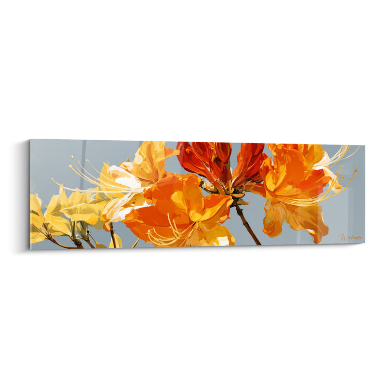 Tableau Fleurs orange et jaune sur fond gris bleuté - Longues étamines blanches recourbées - Edition Azalée
